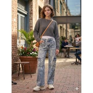 Blue Turtle High Rise Cargo Jeans Wide Leg Acid Wash Blue Size 22